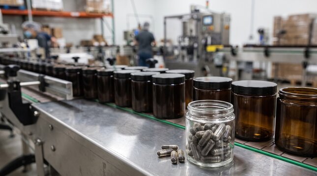 Capsules in clear jar beside amber containers on pharmaceutical production line. Dietary supplement manufacturing and packaging. Automated factory quality control.
