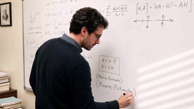 Mathematics professor writing complex equations on whiteboard in home office. Academic researcher solving theoretical problems in study. Panning and tilting camera movement.
