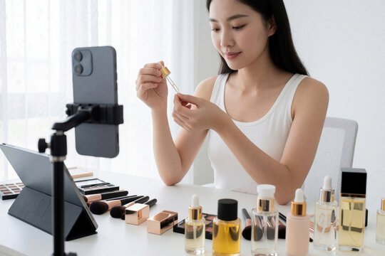 Young Asian woman influencer records makeup tutorial using smartphone on tripod. Beauty content creator tests facial serum dropper with various skincare cosmetics on desk. Female blogger filming