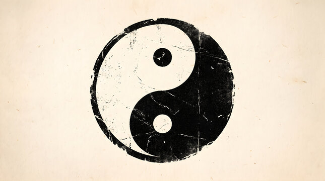 Minimalist grunge yinyang symbol illustrated with distressed texture on beige vintage paper background