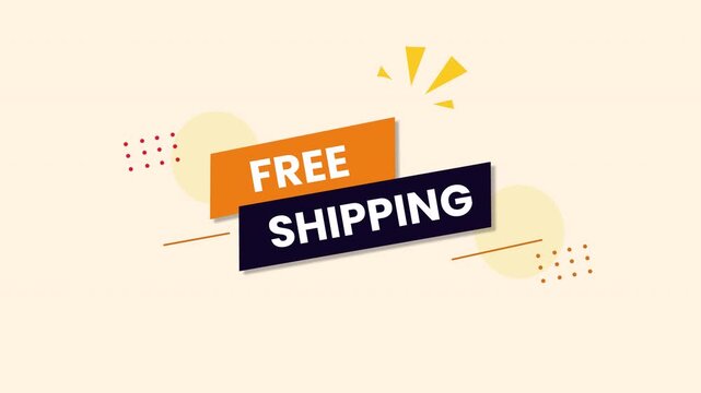 Orange and navy free shipping banner with bold white lettering, yellow decorative accents and a warm cream background, 2D vector illustration.