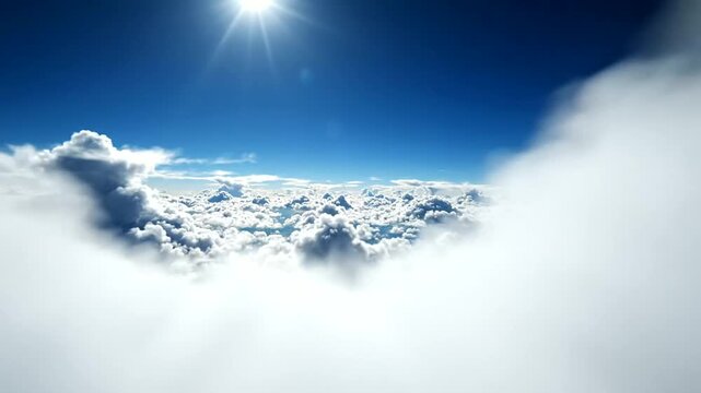 Cinematic Slow Motion Tracking Shot Flying Over Magnificent White Cumulus Clouds Under a Bright Sun and Clear Blue Sky, Beautiful Aerial View of Fluffy Cloudscape at High Altitude in 4K Resolution
