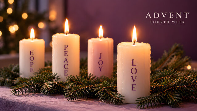 Four advent candles with flames burning, labeled hope, peace, joy, and love, arranged on a table with pine branches for the fourth week of advent