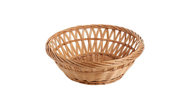 An empty traditional round wicker basket bowl isolated on transparent background