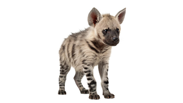 A small wild striped hyena cub standing looking alert isolated on transparent background