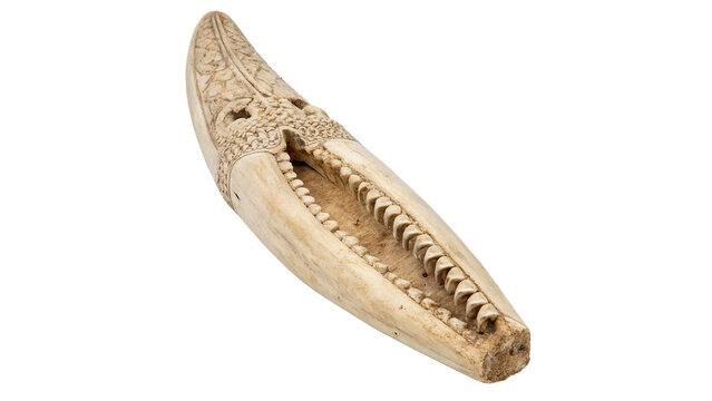 An ancient carved scrimshaw whale tooth with an ornate relief pattern isolated on transparent background
