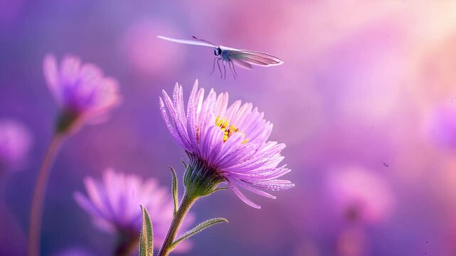 Blue butterfly taking flight from purple aster flower in sunny garden. Panning shot of insect movement.