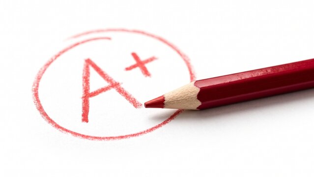 Bright red pencil resting beside circled grade letter marking school achievement on white background