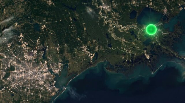 ヒューストンからニューオーリンズへの光子移動を示す衛星軌道視点の様子