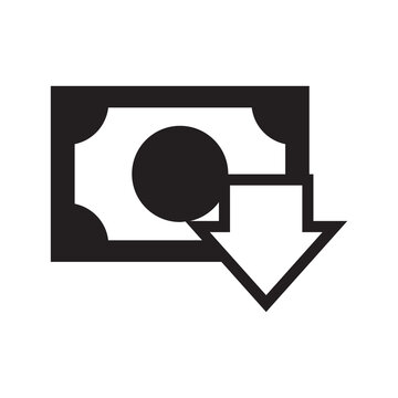 Paper currency banknote with downward directional arrow representing cash withdrawal, deflation, or expense reduction.