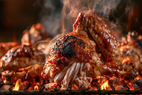 Grilled chicken leg and wings sizzling with smoke on hot barbecue grill