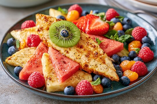 Grilled fruit salad with fresh berries and pineapple in healthy meal