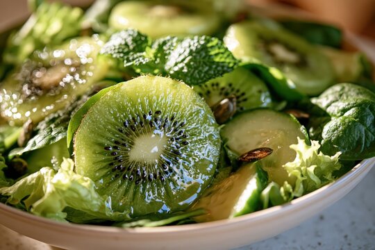Fresh green kiwi salad with cucumber slices and mint leaves closeup