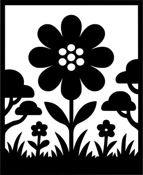 A black and white illustration of a daisy with surrounding flowers and leaves in a natural setting