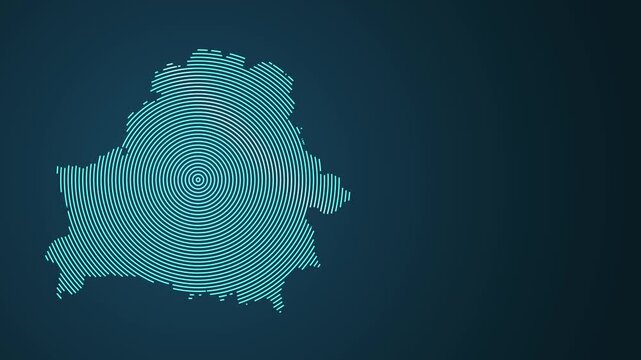 Animated fingerprint pattern morphing into Belarus map outline on dark blue background