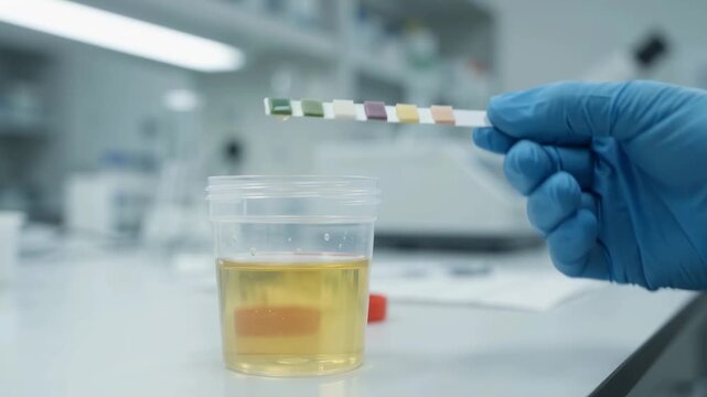 Close-up of a gloved lab technician dipping a urinalysis test strip into a sample cup, colors gradually changing, with a softly blurred laboratory background.