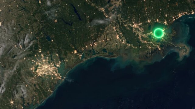 ヒューストンからニューオーリンズへの光子移動を示す衛星軌道視点の様子