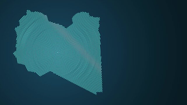 Animated concentric rings morphing into Libya map with text reveal on dark blue background
