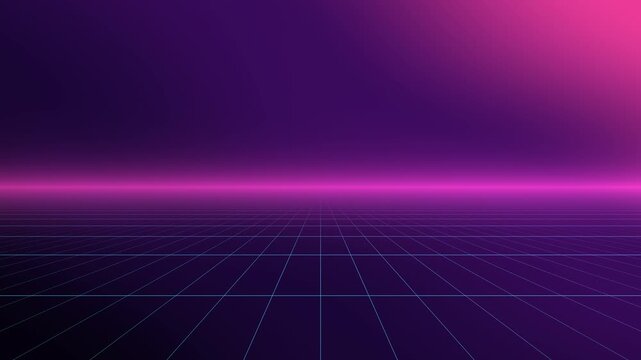 Retro neon perspective grid with horizon glow, synthwave background, seamless loop