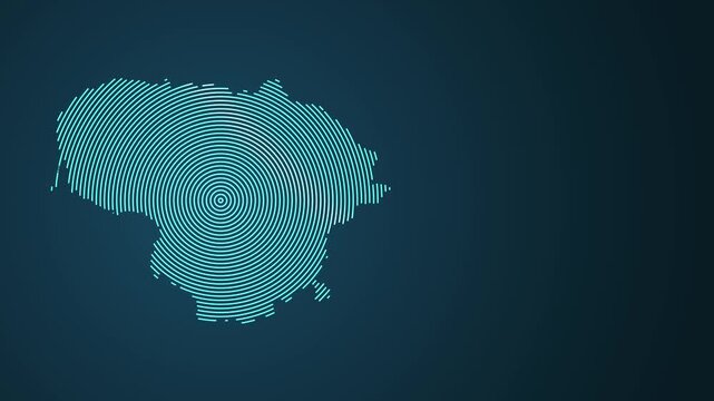 Animated fingerprint pattern morphing into Lithuania map with concentric lines on dark blue background