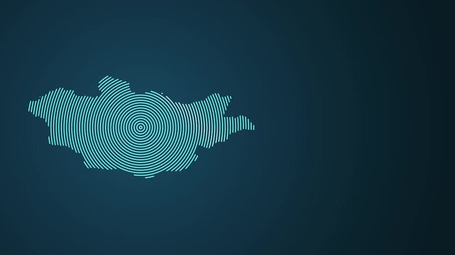 Abstract animated fingerprint pattern morphing into Mongolia map on dark blue background