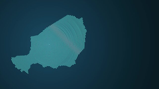 Animated fingerprint graphic morphing into Niger map with concentric rings on dark blue background
