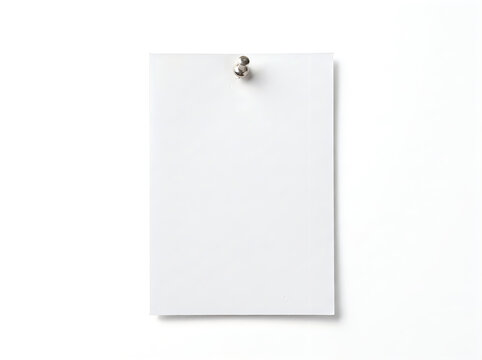 Blank white paper sheet pinned with a silver push pin isolated on white background