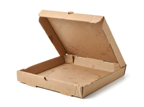 Open empty cardboard pizza box isolated on white background