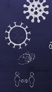 Vertical video: Viewport panning down chalk icons showing viruses and masks urging hygiene distance