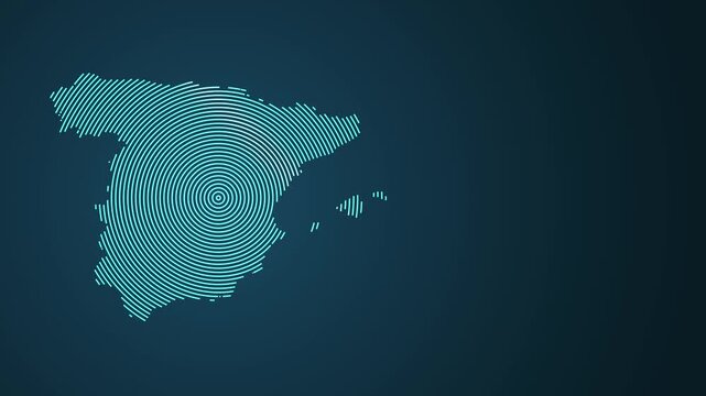 Animated fingerprint pattern forming Spain map on dark blue background