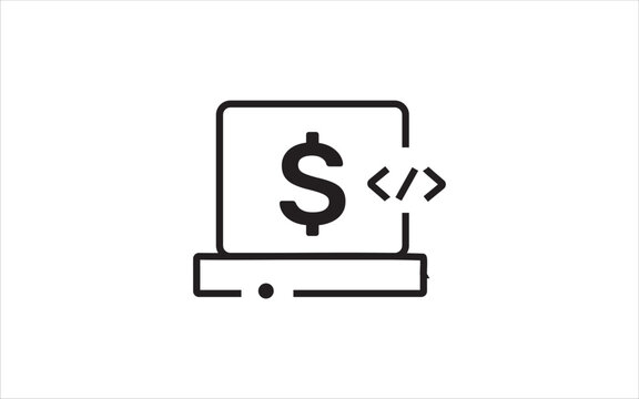 Monetized software development and FinTech coding. Software monetization, paid programming services, financial technology. Flat-style vector illustration. High-quality image.