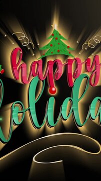 Vertical video: Left bloom growing sweeping halos revealing center happy holidays greeting glowing