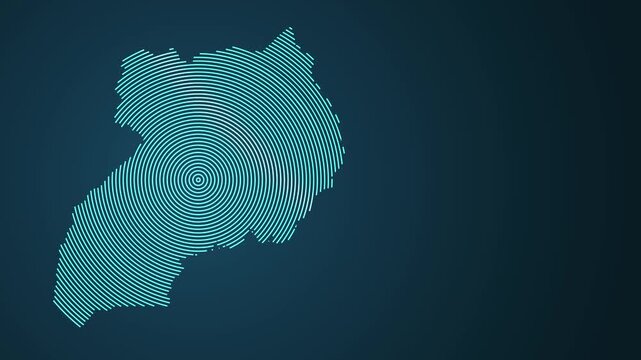 Animated fingerprint pattern morphing into Uganda map with text reveal on dark blue background