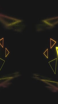 Vertical video: Powering neon triangles rising and pulsing, sparks forming wings, fading for glow