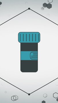 Vertical video: Hex lines entering and linking, framing vial while label morphing and lines leaving