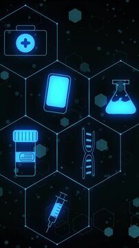 Vertical video: Initial glow starting, hex grid of med icons pulsing phone tilting showing bio UI