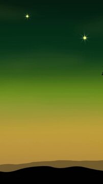 Vertical video: On start sky shifting amber-green while two stars pulsing above hills evoking dusk