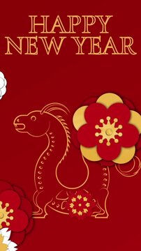 Vertical video: On start flowers sliding over gold HAPPY NEW YEAR text and creature for New Year