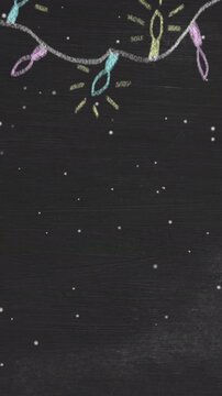 Vertical video: Chalk rope drawing top bulbs lighting, decorating chalkboard as dots falling down