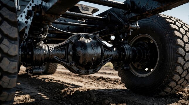 Close up view of heavy duty truck chassis, axle system. Black metal mechanical components, drive shaft, large off road tires on dirt ground. Detailed engineering of semi truck undercarriage,