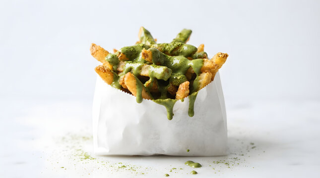 Potato french fries with Asian matcha or green tea sauce in white paper package on white background. Fusion menu, fast food, and East meets West dish assets