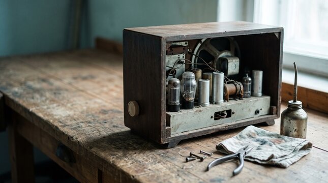 Vintage wooden radio with vacuum tubes opened on repair table with oil can and pliers by window