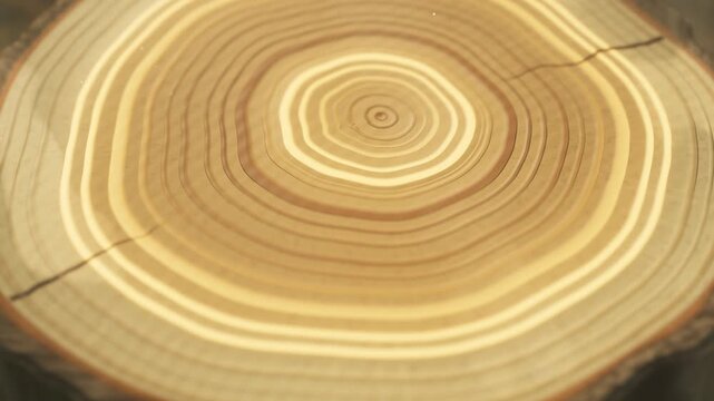 tree rings expanding outward on sunlit forest stump cross section with golden growth pulses seamless loop
