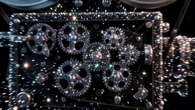 Galaxy dots form a vintage classic film camera on a tripod against a black background, movie,  