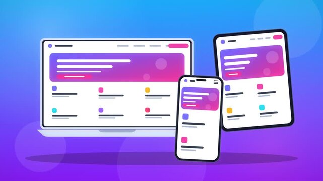 Responsive website design shown on laptop, tablet and smartphone screens with animated landing page layout