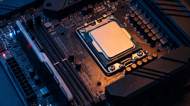 Modern data processing unit, computer motherboard, deep amd machine learning. Part of a computer server, AI data center. Technology, digital, cloud computing, IT infrastructure.