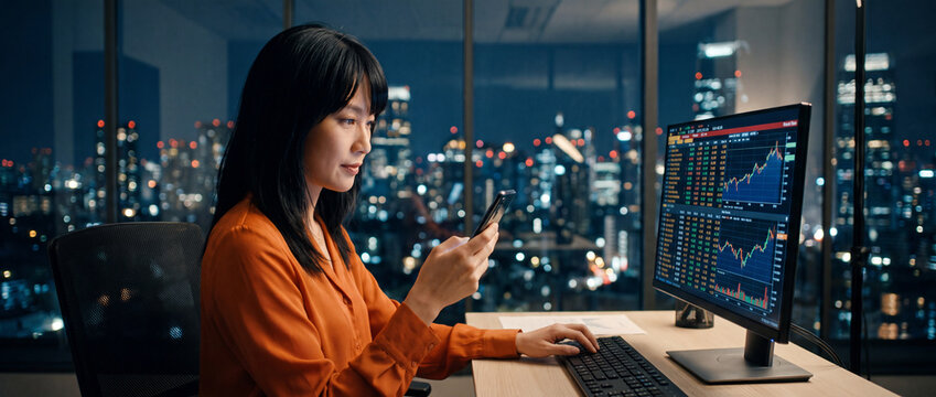 Asian businesswoman looks at her smartphone while working on a computer; a stock chart on the screen. City at night are in the background. Financial market, investment or corporate banking.