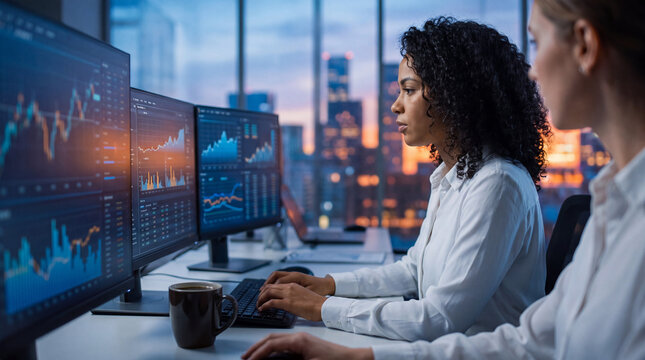 Two businesswomen are sitting at a desk, doing stock market research on a computer screen. Employees of an investment bank, portfolio management, asset management or financial advisors.