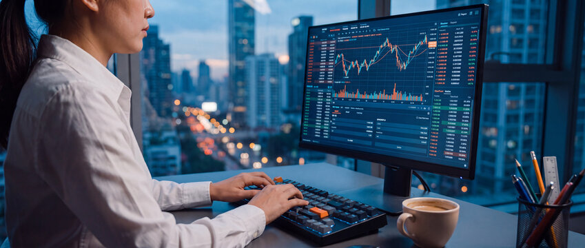 Asian businesswoman is typing on a computer keyboard and doing some work, stock chart and market data on the screen. Financial industry, investment or corporate banking, financial figures, business.