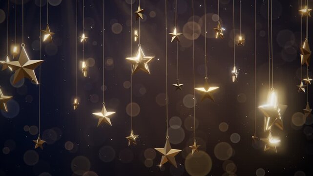 3D Polished Gold Stars Hanging On Thin Threads Gently Swaying With Warm Bokeh Seamless Loop